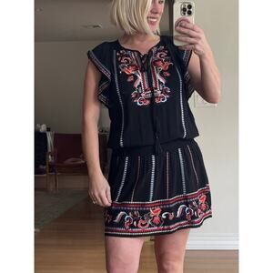 Parker Size Small Black Embroidered Short Peasant Dress. Floral Beauty!